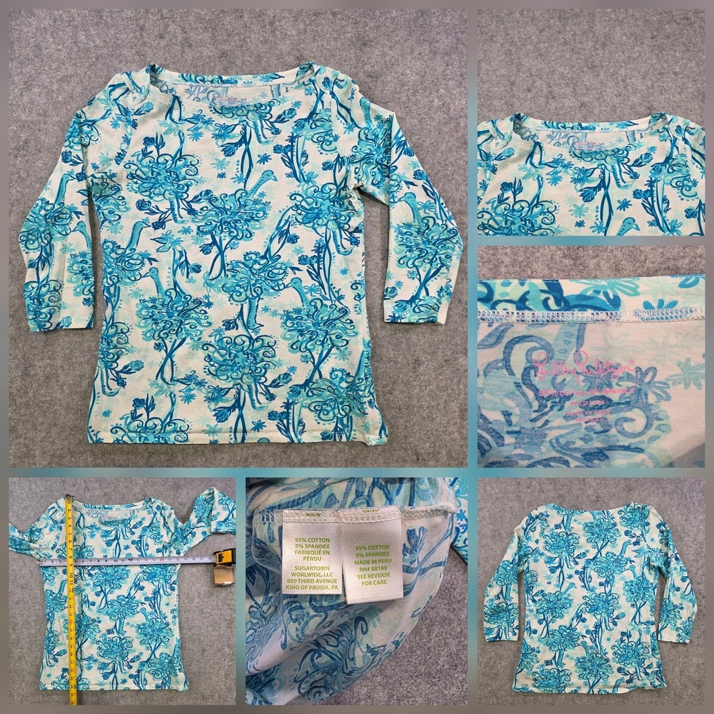 Lilly Pulitzer Shirt Womens Medium Blue Floral Ostrich 3/4 Sleeve Style 78847